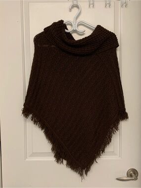 Majora Cape Sweater Womens One Size Brown Crochet Fringe Open Knit Poncho Boho